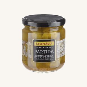 La Española Partida (spilt) green olives with whole garlic and pieces of red pepper, manzanilla variety, jar 195 gr drained